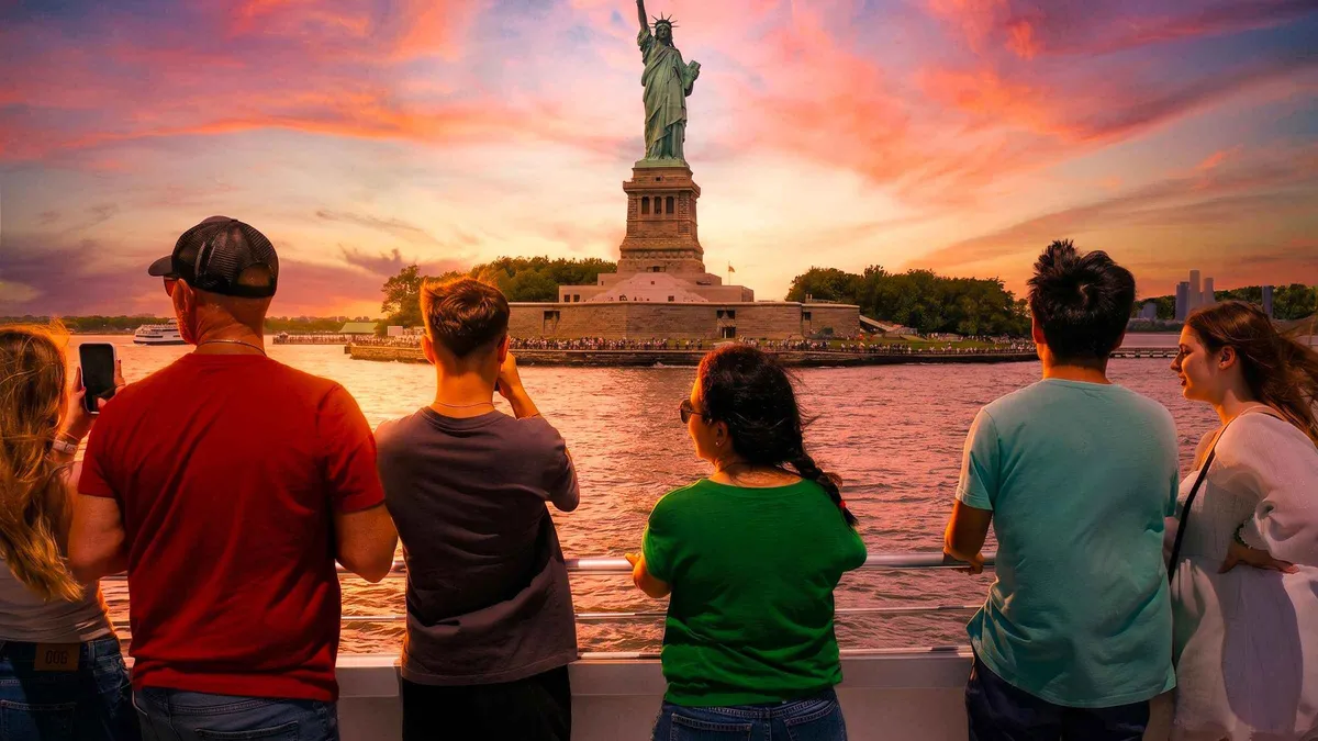 Golden hour light on the Manhattan skyline on an evening New York architecture boat tour with NY Waterway