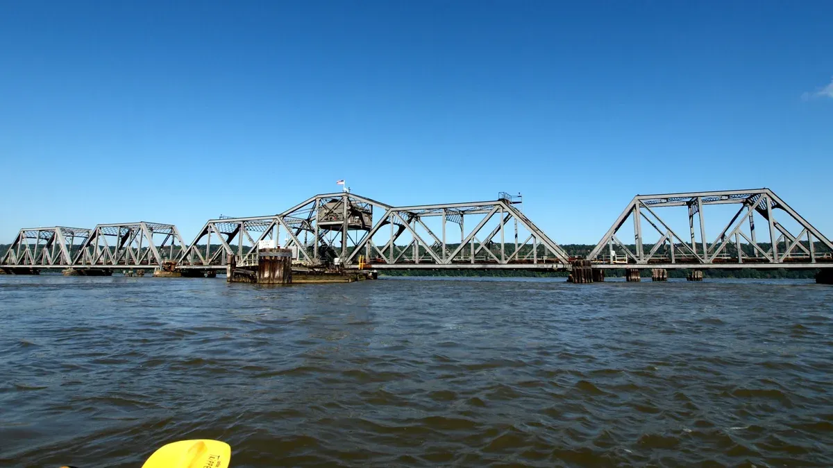 Spuyten Duyvil swing bridge from the water, a landmark on a New York architecture boat tour