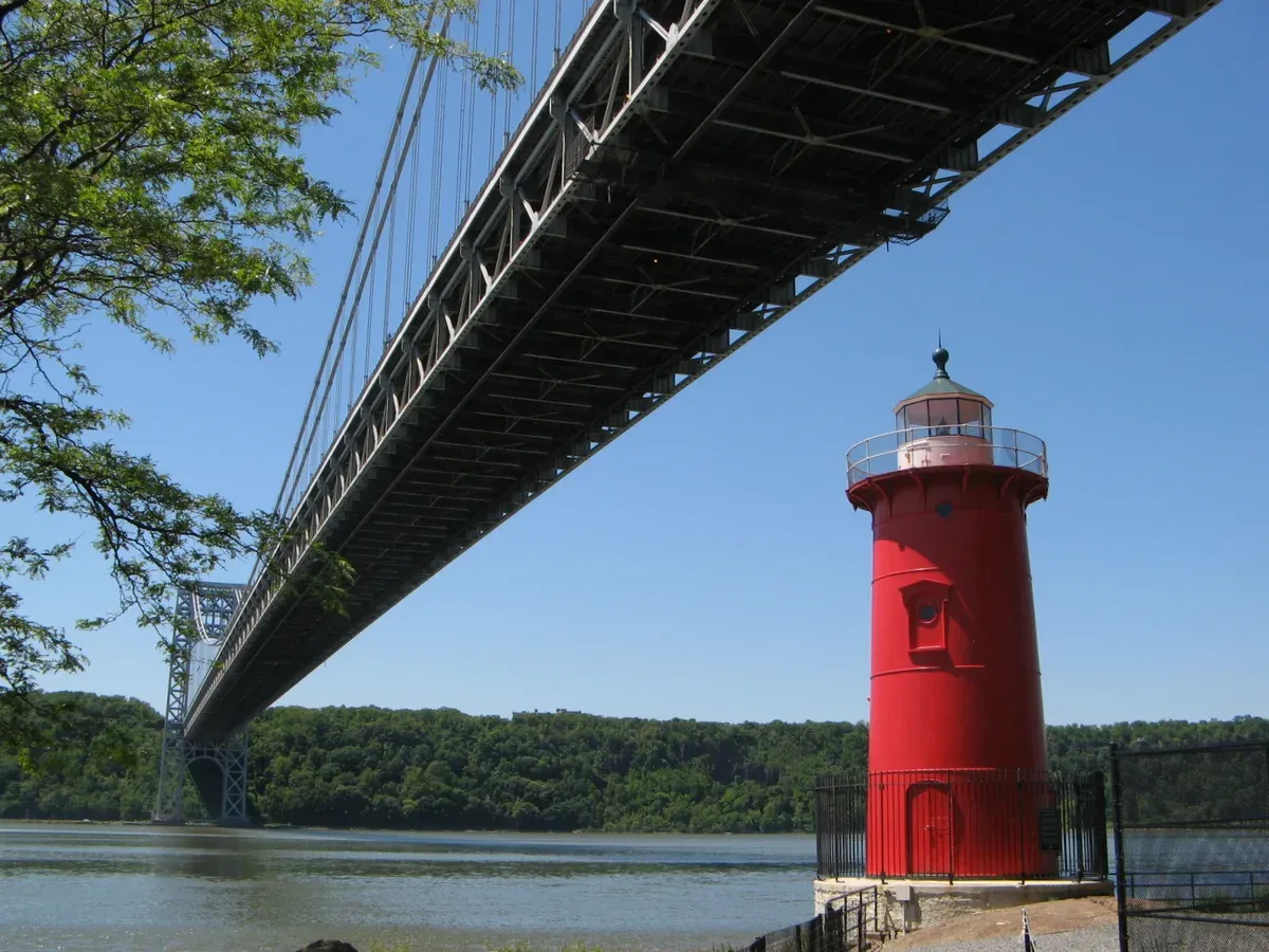 Little Red Lighthouse under the George Washington Bridge, seen on an architecture boat tour in New York